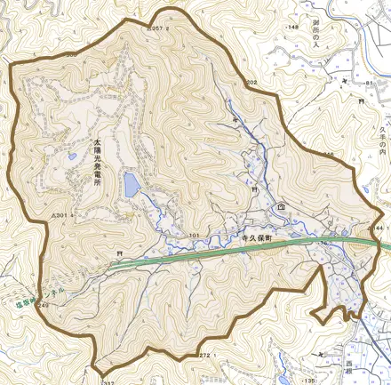 寺久保町とその周辺の地図。町の範囲を重ねている