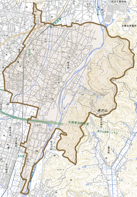 栃本町とその周辺の地図。町の範囲を重ねている