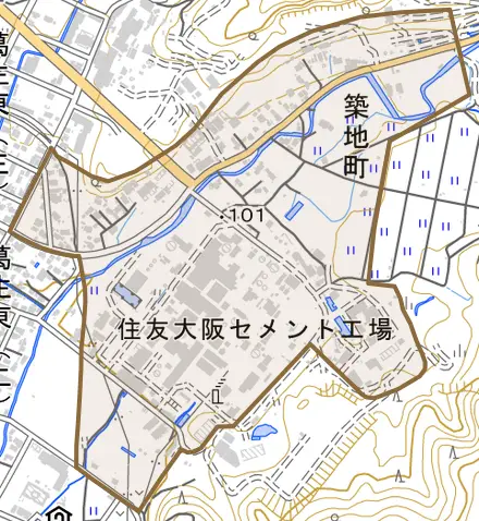 築地町とその周辺の地図。町の範囲を重ねている