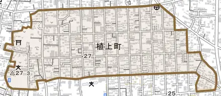 植上町とその周辺の地図。町の範囲を重ねている