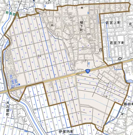 植下町とその周辺の地図。町の範囲を重ねている
