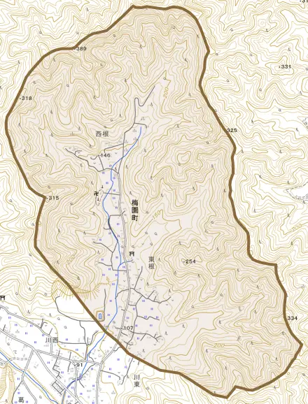 梅園町とその周辺の地図。町の範囲を重ねている