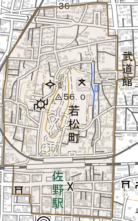 若松町とその周辺の地図。町の範囲を重ねている