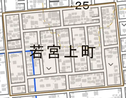 若宮上町とその周辺の地図。町の範囲を重ねている