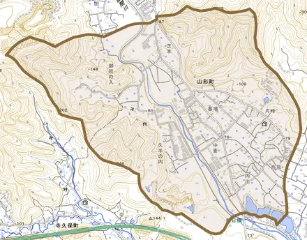 山形町とその周辺の地図。町の範囲を重ねている