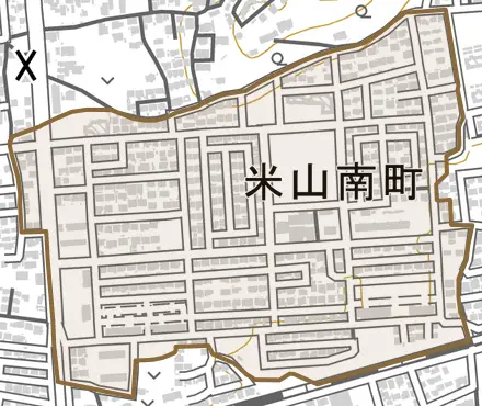 米山南町とその周辺の地図。町の範囲を重ねている