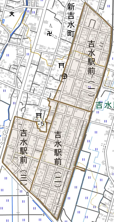吉水駅前とその周辺の地図。町の範囲を重ねている