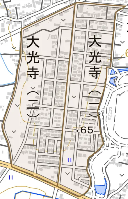 大光寺とその周辺の地図。町の範囲を重ねている