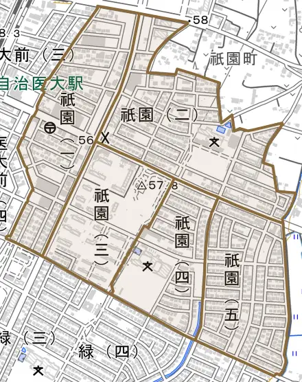祇園とその周辺の地図。町の範囲を重ねている