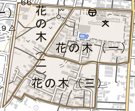 花の木とその周辺の地図。町の範囲を重ねている