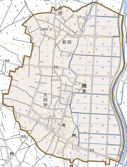 橋本とその周辺の地図。町の範囲を重ねている