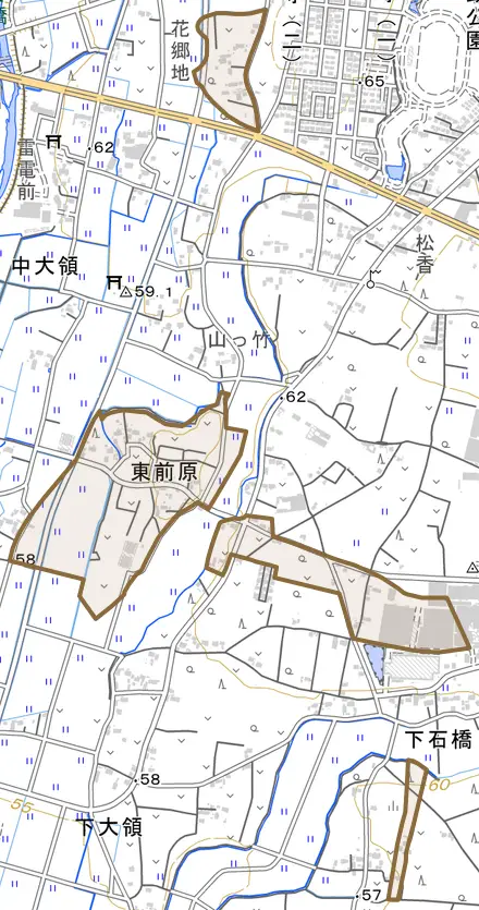 東前原とその周辺の地図。町の範囲を重ねている