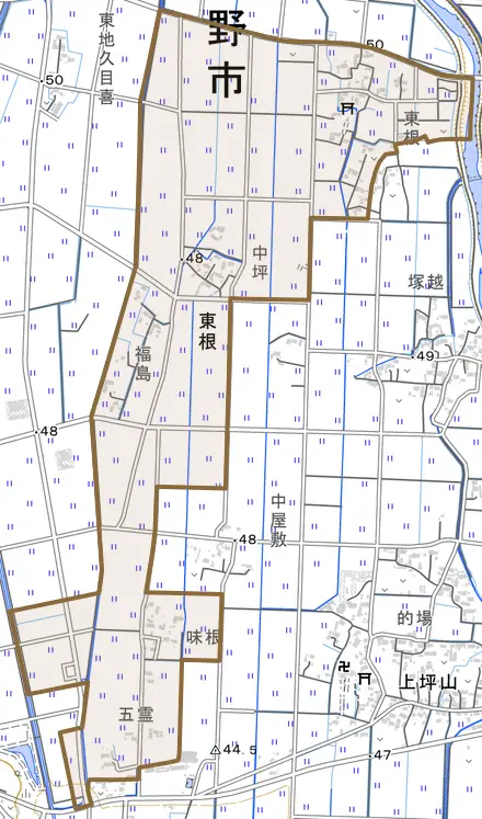 東根とその周辺の地図。町の範囲を重ねている