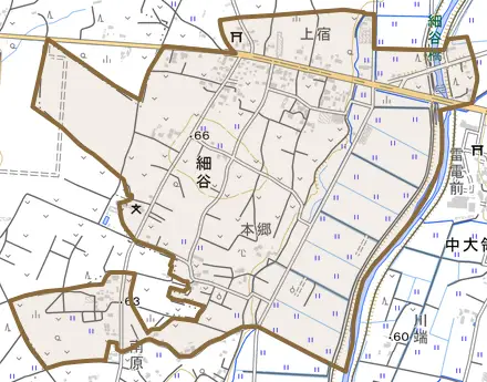細谷とその周辺の地図。町の範囲を重ねている