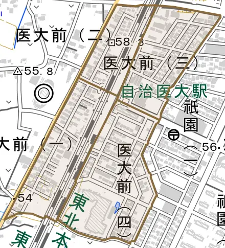 医大前とその周辺の地図。町の範囲を重ねている