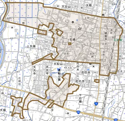 石橋とその周辺の地図。町の範囲を重ねている