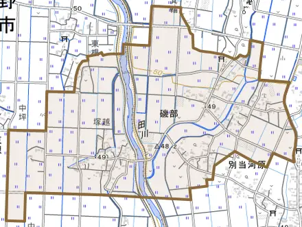 磯部とその周辺の地図。町の範囲を重ねている