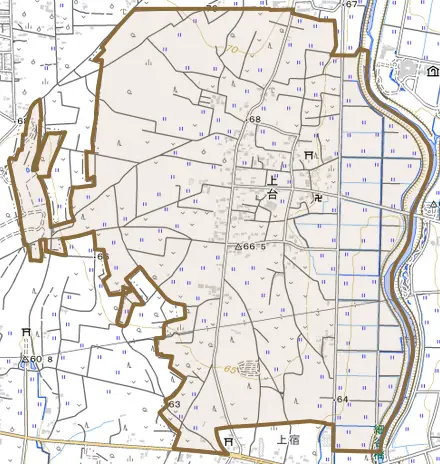 上台とその周辺の地図。町の範囲を重ねている