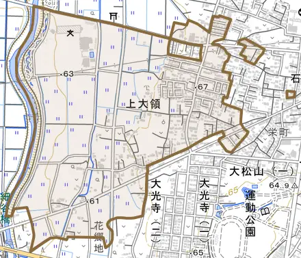 上大領とその周辺の地図。町の範囲を重ねている