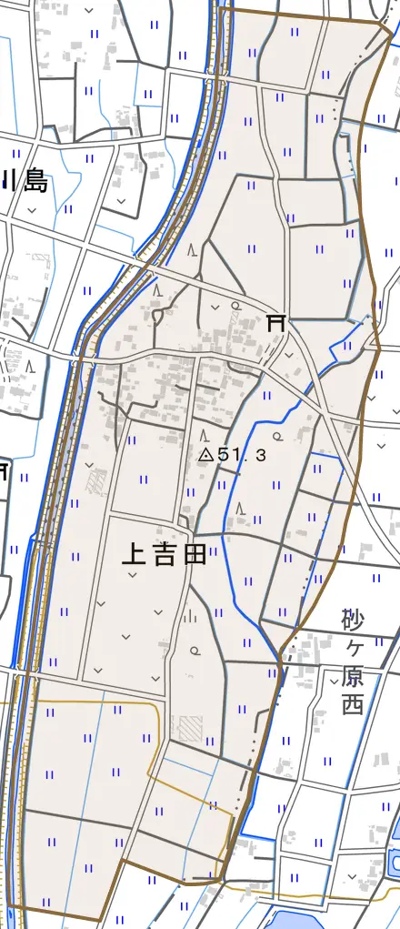 上吉田とその周辺の地図。町の範囲を重ねている