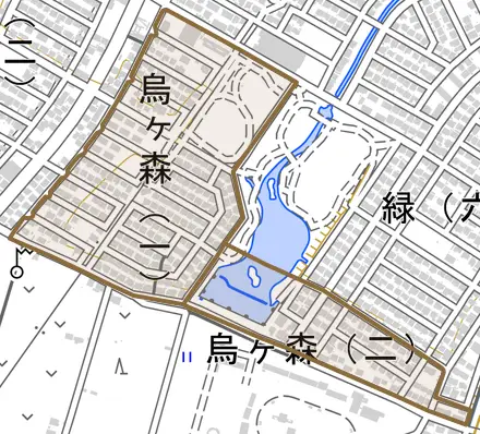 烏ケ森とその周辺の地図。町の範囲を重ねている