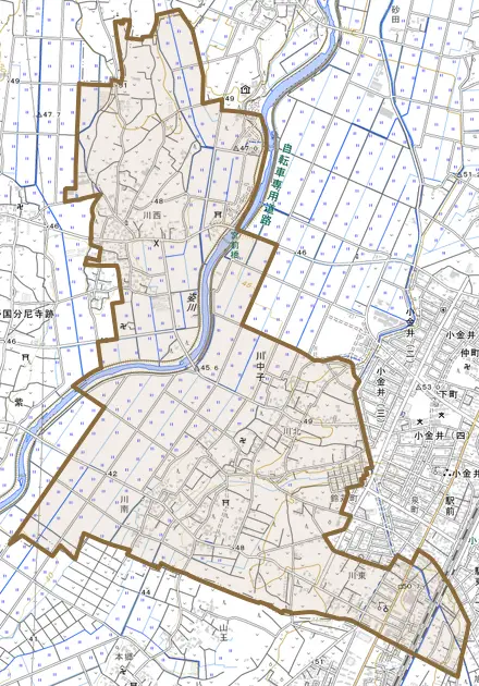 川中子とその周辺の地図。町の範囲を重ねている