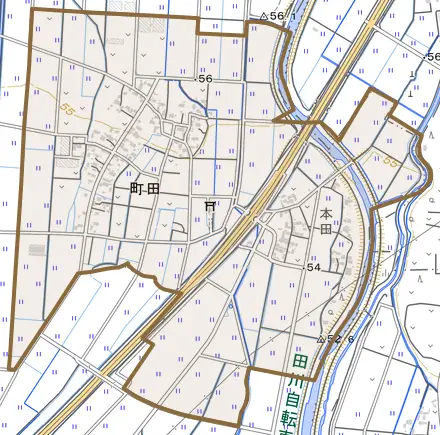 町田とその周辺の地図。町の範囲を重ねている