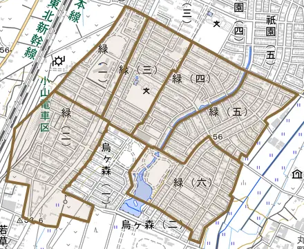 緑とその周辺の地図。町の範囲を重ねている