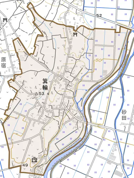 箕輪とその周辺の地図。町の範囲を重ねている