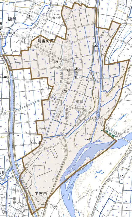 本吉田とその周辺の地図。町の範囲を重ねている