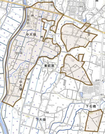 中大領とその周辺の地図。町の範囲を重ねている