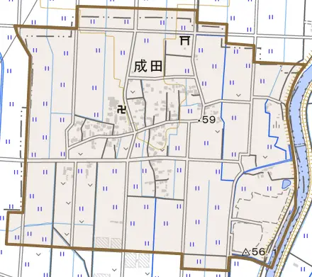 成田とその周辺の地図。町の範囲を重ねている