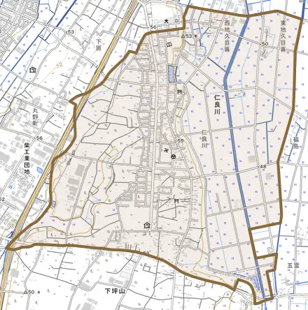 仁良川とその周辺の地図。町の範囲を重ねている