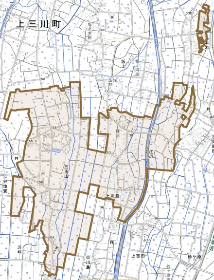 三王山とその周辺の地図。町の範囲を重ねている