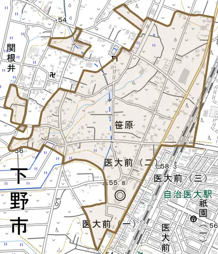 笹原とその周辺の地図。町の範囲を重ねている