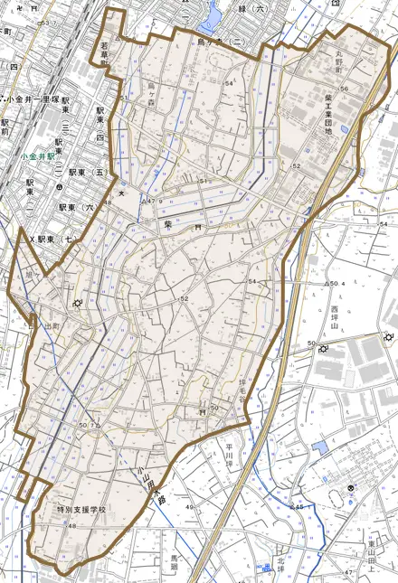 柴とその周辺の地図。町の範囲を重ねている