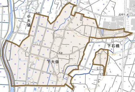 下大領とその周辺の地図。町の範囲を重ねている