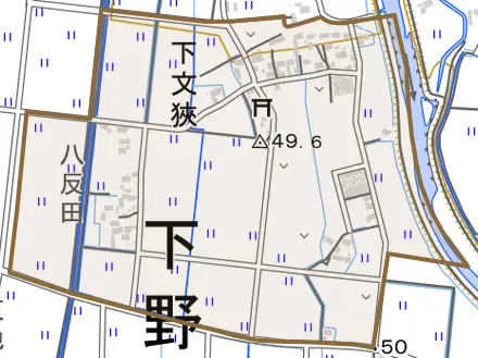 下文狹とその周辺の地図。町の範囲を重ねている