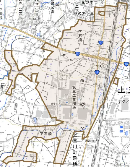 下石橋とその周辺の地図。町の範囲を重ねている