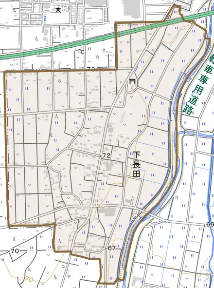 下長田とその周辺の地図。町の範囲を重ねている