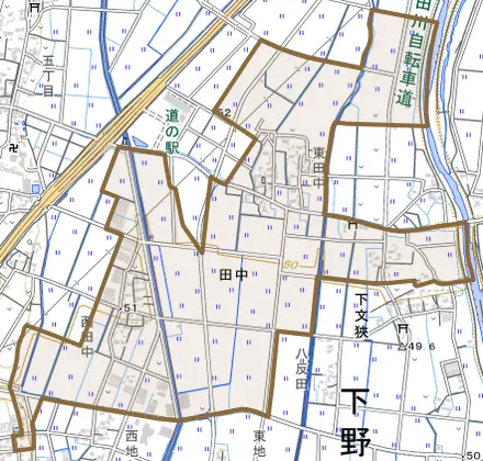 田中とその周辺の地図。町の範囲を重ねている