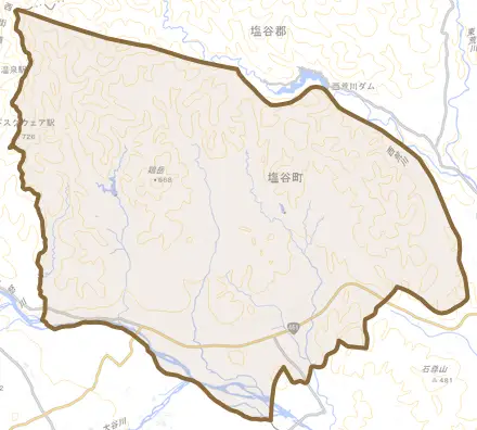 大字船生とその周辺の地図。町の範囲を重ねている