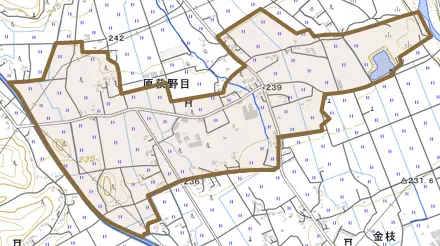 大字原荻野目とその周辺の地図。町の範囲を重ねている
