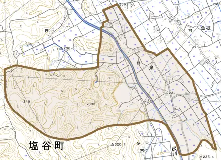 大字泉とその周辺の地図。町の範囲を重ねている