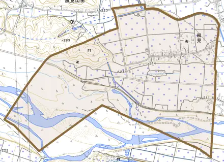 大字風見とその周辺の地図。町の範囲を重ねている