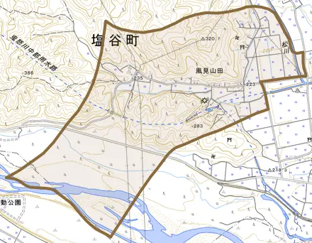 大字風見山田とその周辺の地図。町の範囲を重ねている