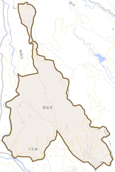 大字喜佐見とその周辺の地図。町の範囲を重ねている