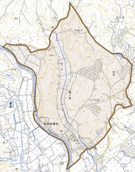 大字熊ノ木とその周辺の地図。町の範囲を重ねている