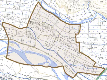 大字大久保とその周辺の地図。町の範囲を重ねている
