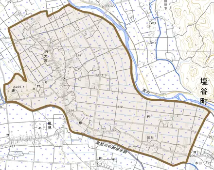 大字大宮とその周辺の地図。町の範囲を重ねている